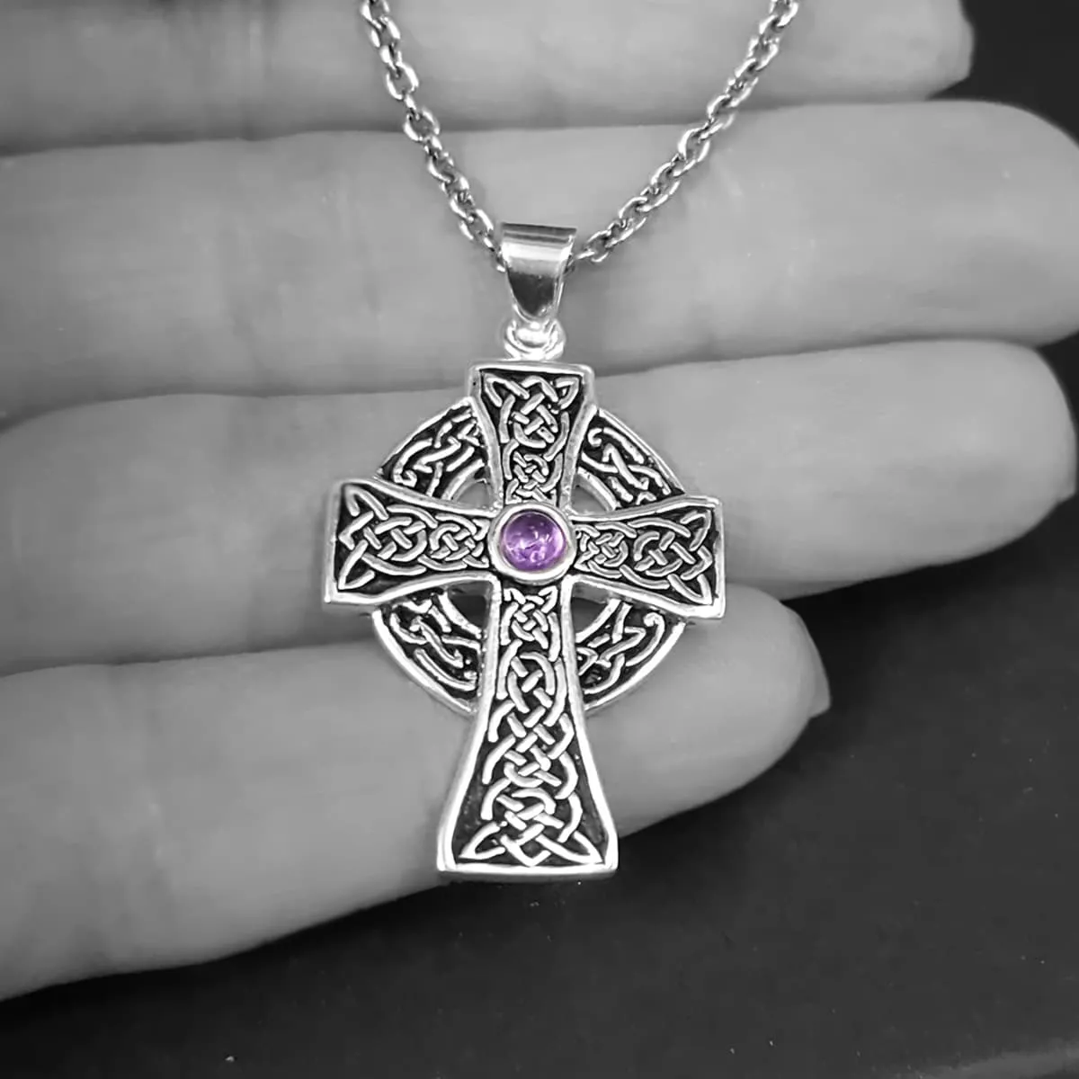 NEW: Celtic Cross Pendant Celtic Necklace - Amethyst Stone