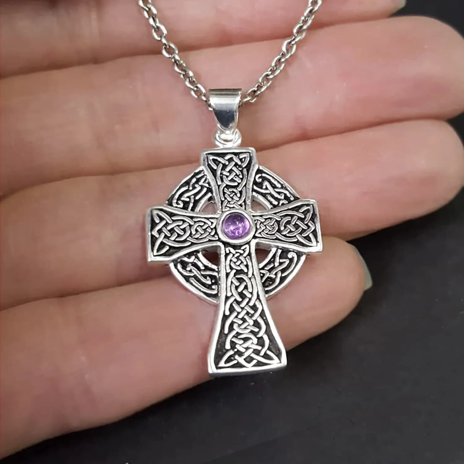 NEW: Celtic Cross Pendant Celtic Necklace - Amethyst Stone