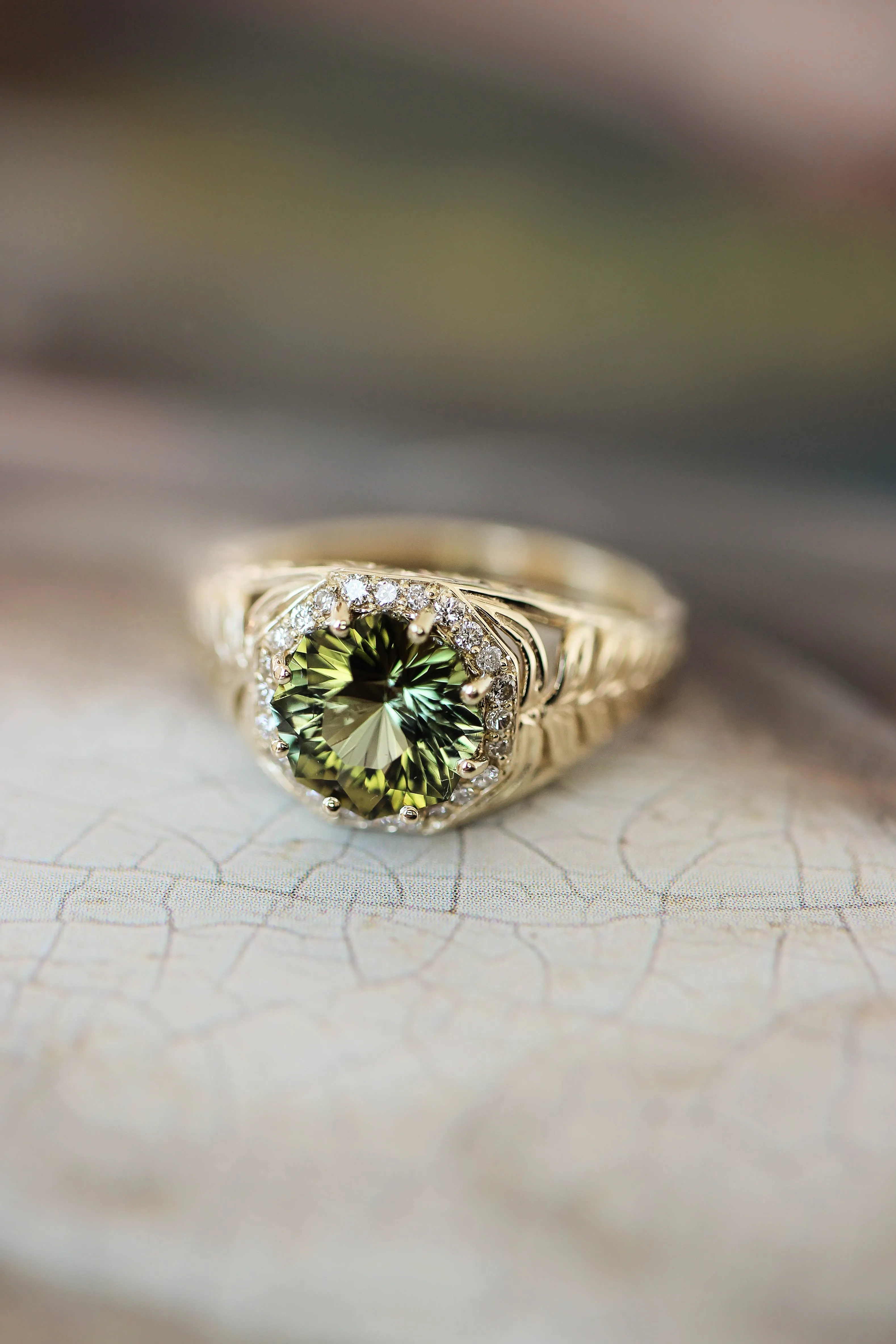 Octagon cut tourmaline and diamonds ring, fern ring