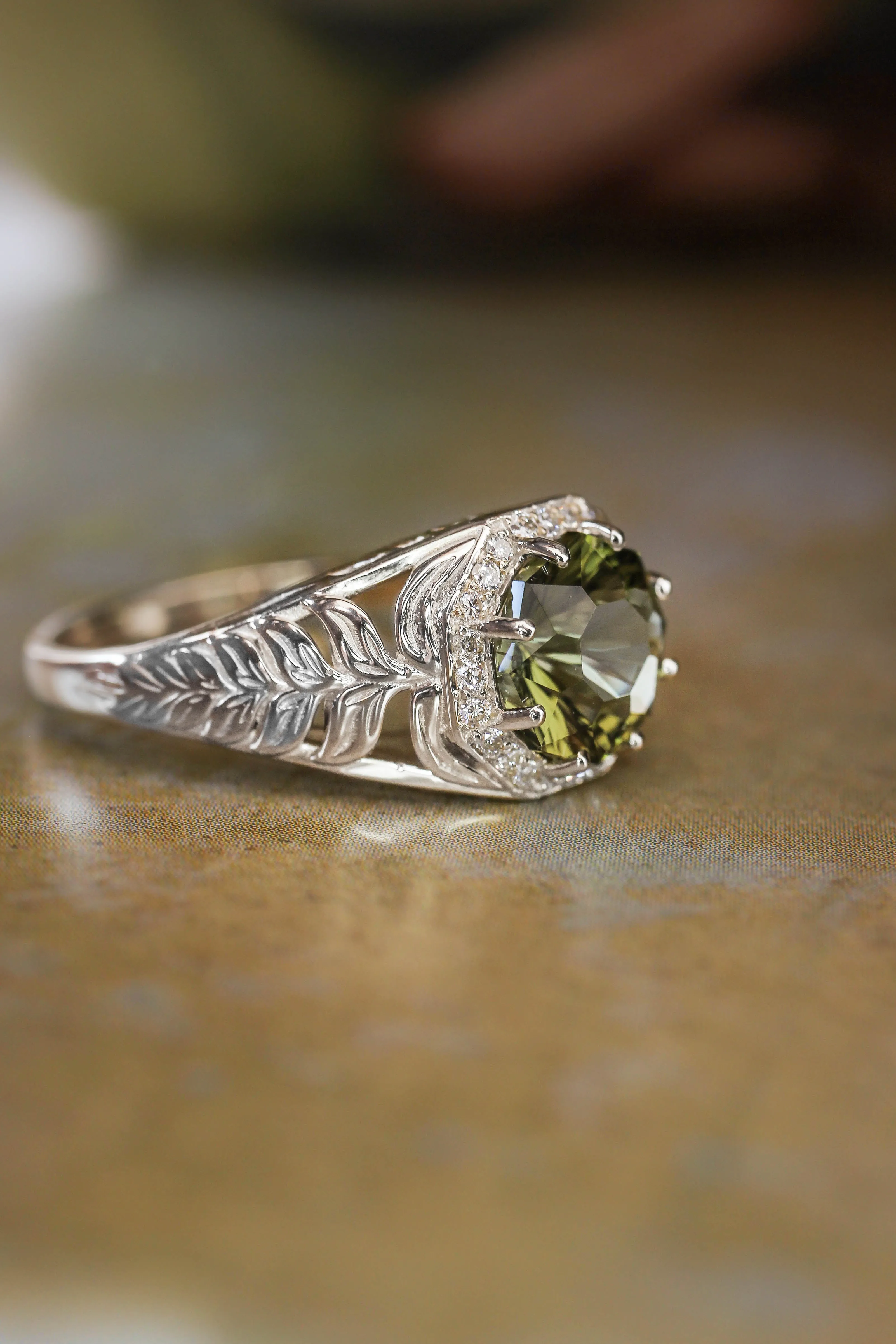 Octagon cut tourmaline and diamonds ring, fern ring