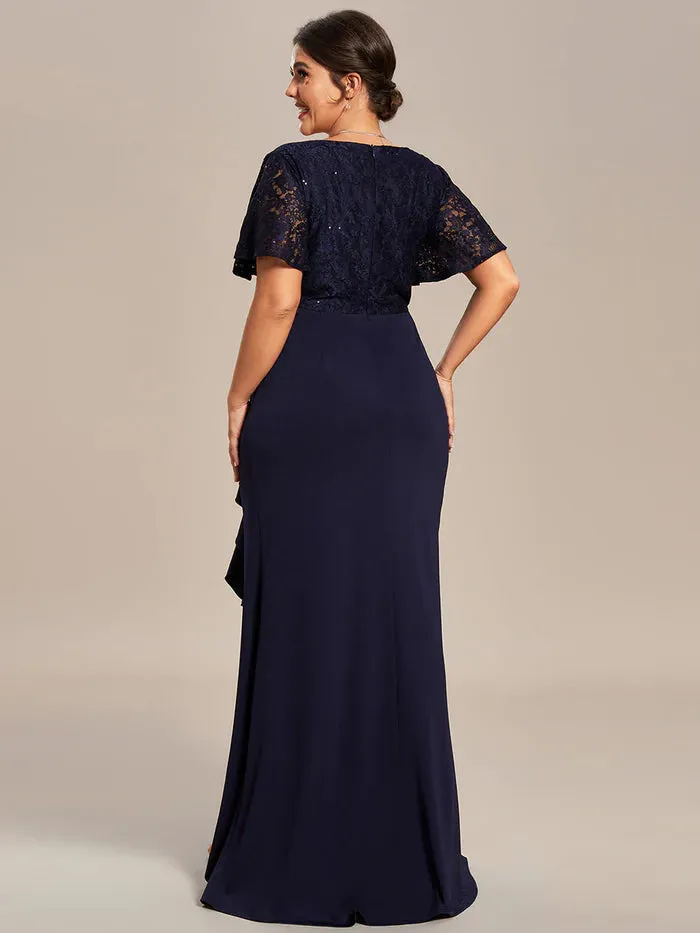 Plus Split Lotus Leaf Lace Evening Dresses