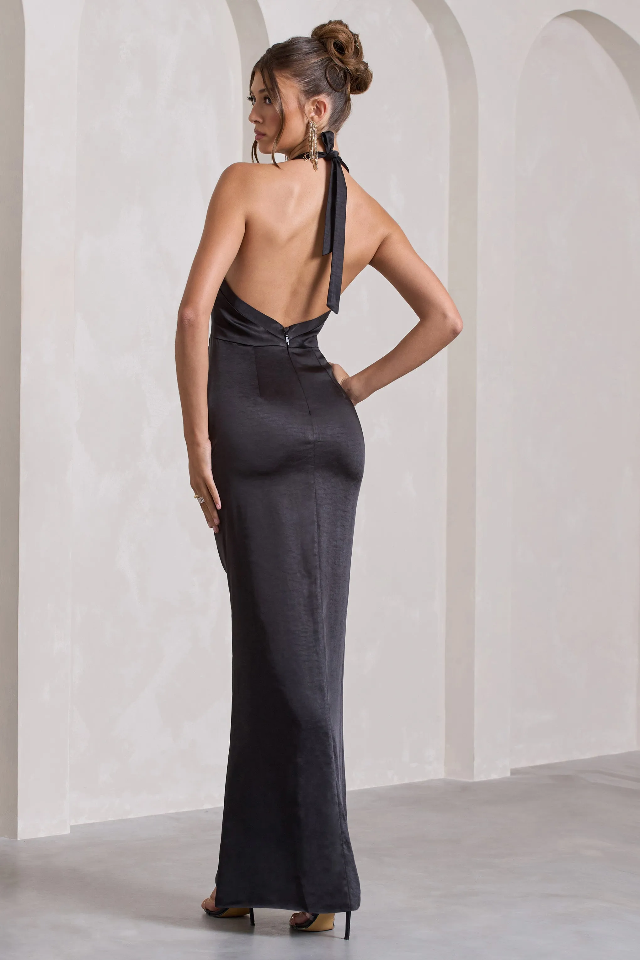 Rebecca | Black Satin Plunge Halter-Neck Open-Back Split Maxi Dress