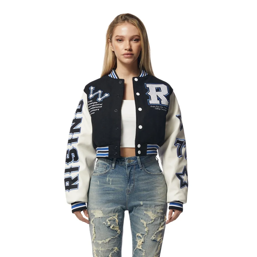 Rhinestone Wool Varsity Jacket - Black