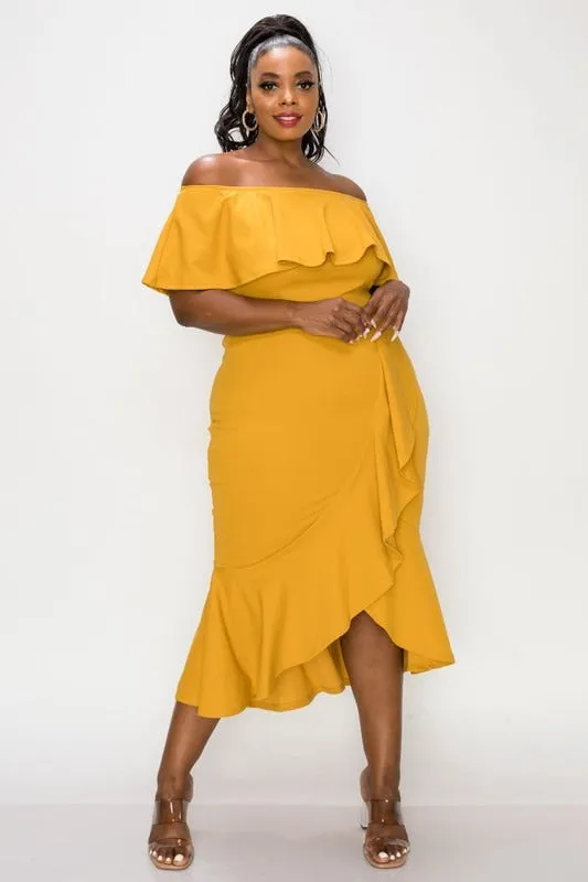 Salsa Off Shoulder Ruffled Midi Dress