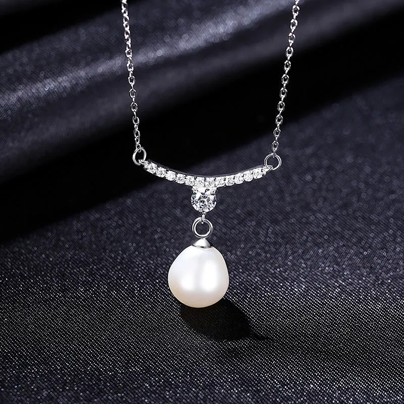 Silver Freshwater Pearl Pendant Necklace with CZ Diamonds