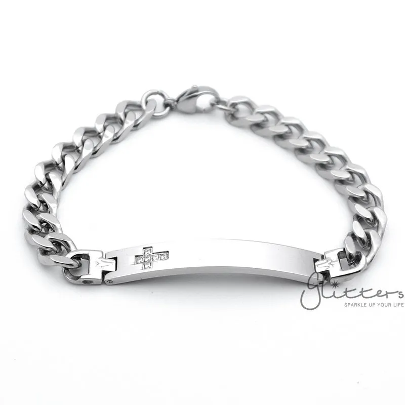 Stainless Steel Men's ID Bracelet with Cubic Zirconia Cross   Engraving