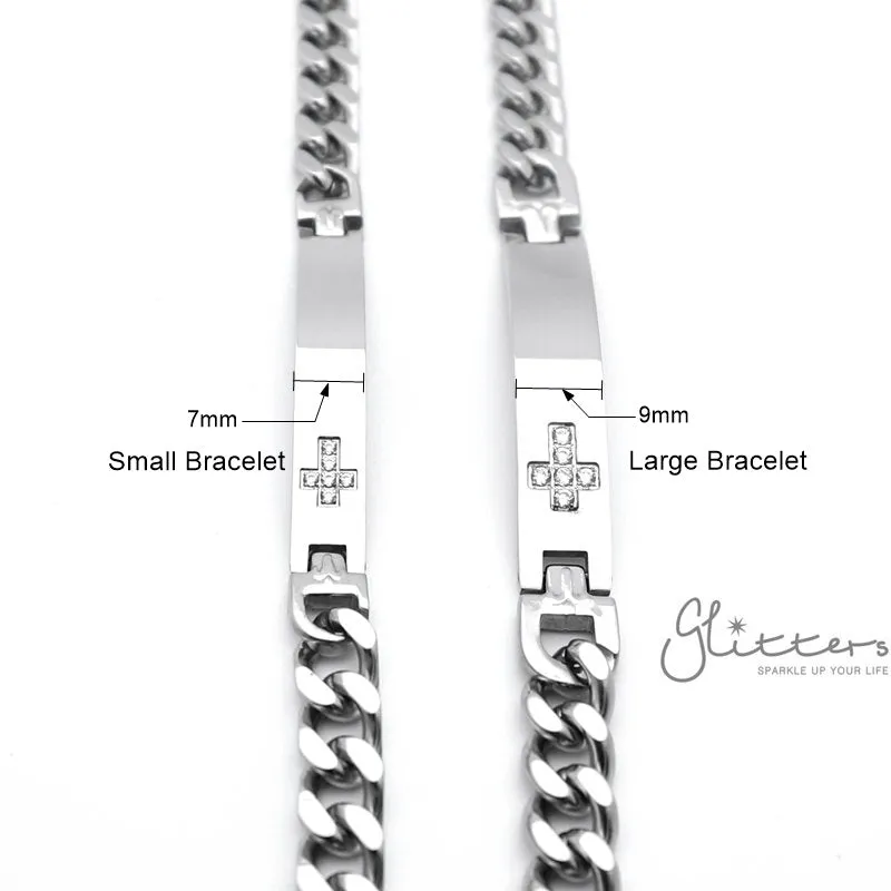 Stainless Steel Men's ID Bracelet with Cubic Zirconia Cross   Engraving