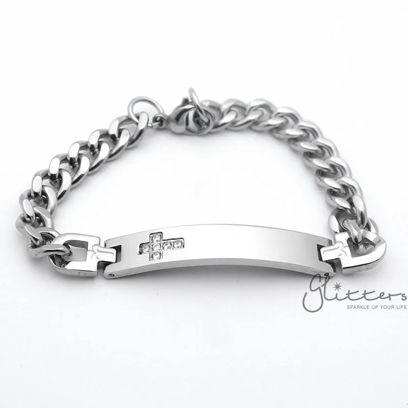 Stainless Steel Men's ID Bracelet with Cubic Zirconia Cross   Engraving