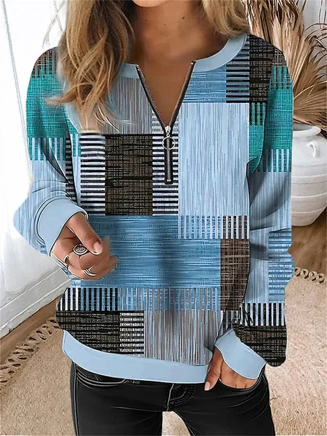 Stylish Plaid Quarter Zip Women's Sweatshirt for Fall & Winter