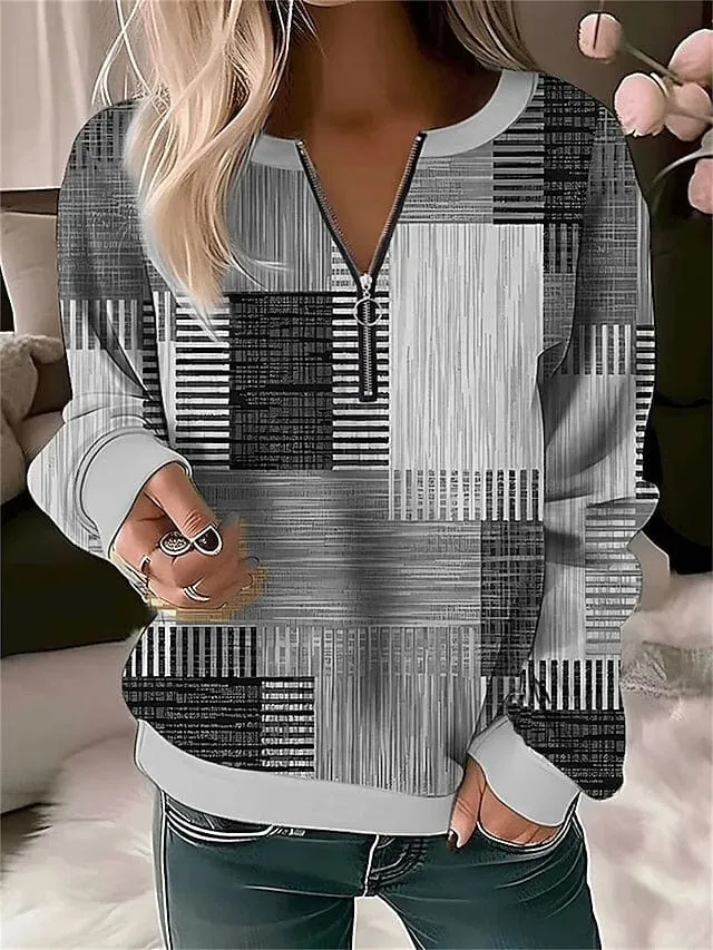 Stylish Plaid Quarter Zip Women's Sweatshirt for Fall & Winter