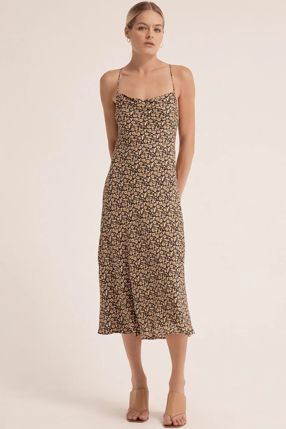 Take Me Away Strappy Back Batik Black Print Bias Midi Dress