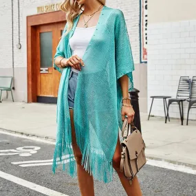 Teal Pearl Pointed Fringe Edge Kimono Poncho