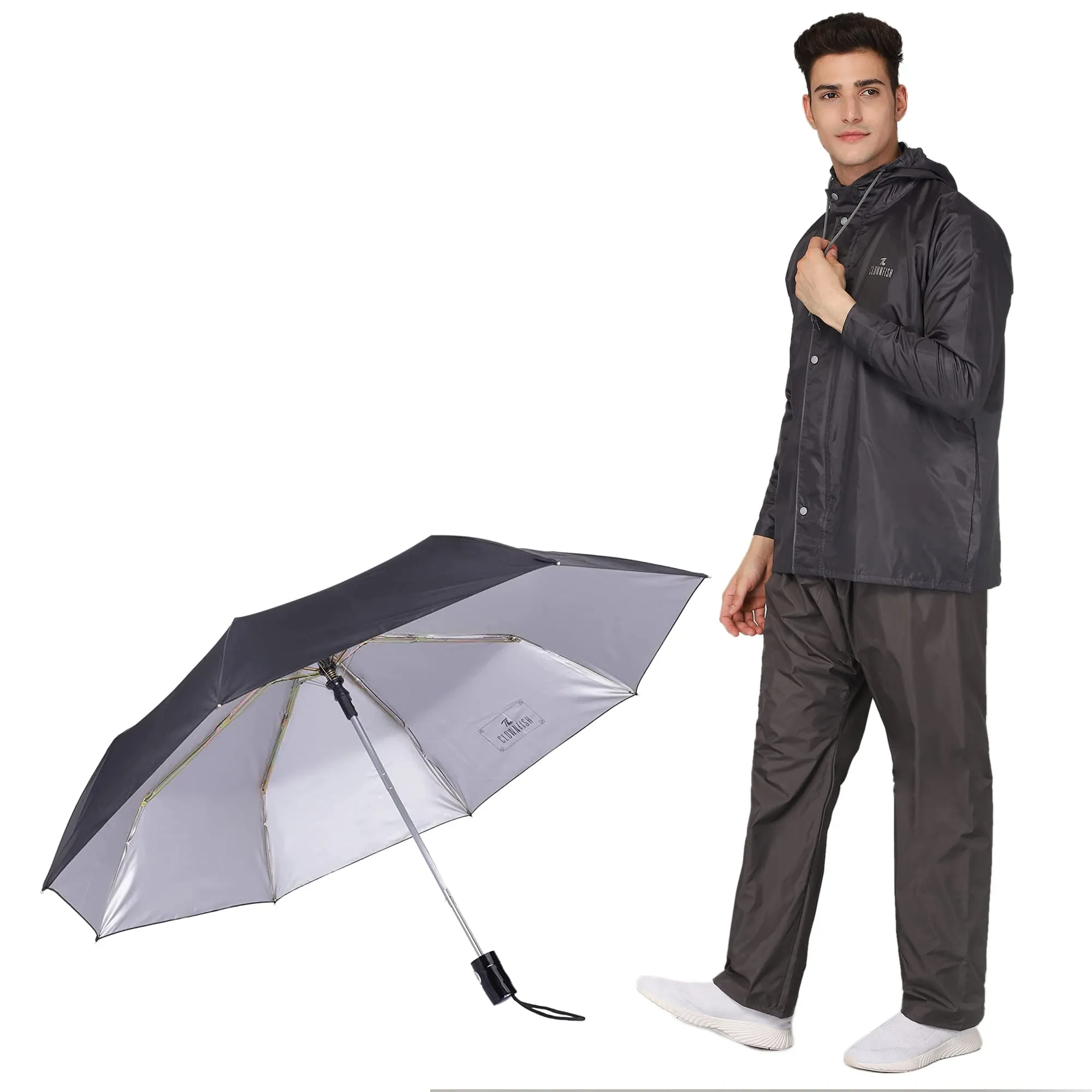 THE CLOWNFISH Combo Of Rain Coat for Men Waterproof Polyester (Grey 4XL) Umbrella Savior Series 3 Fold Waterproof Polyester (Black)