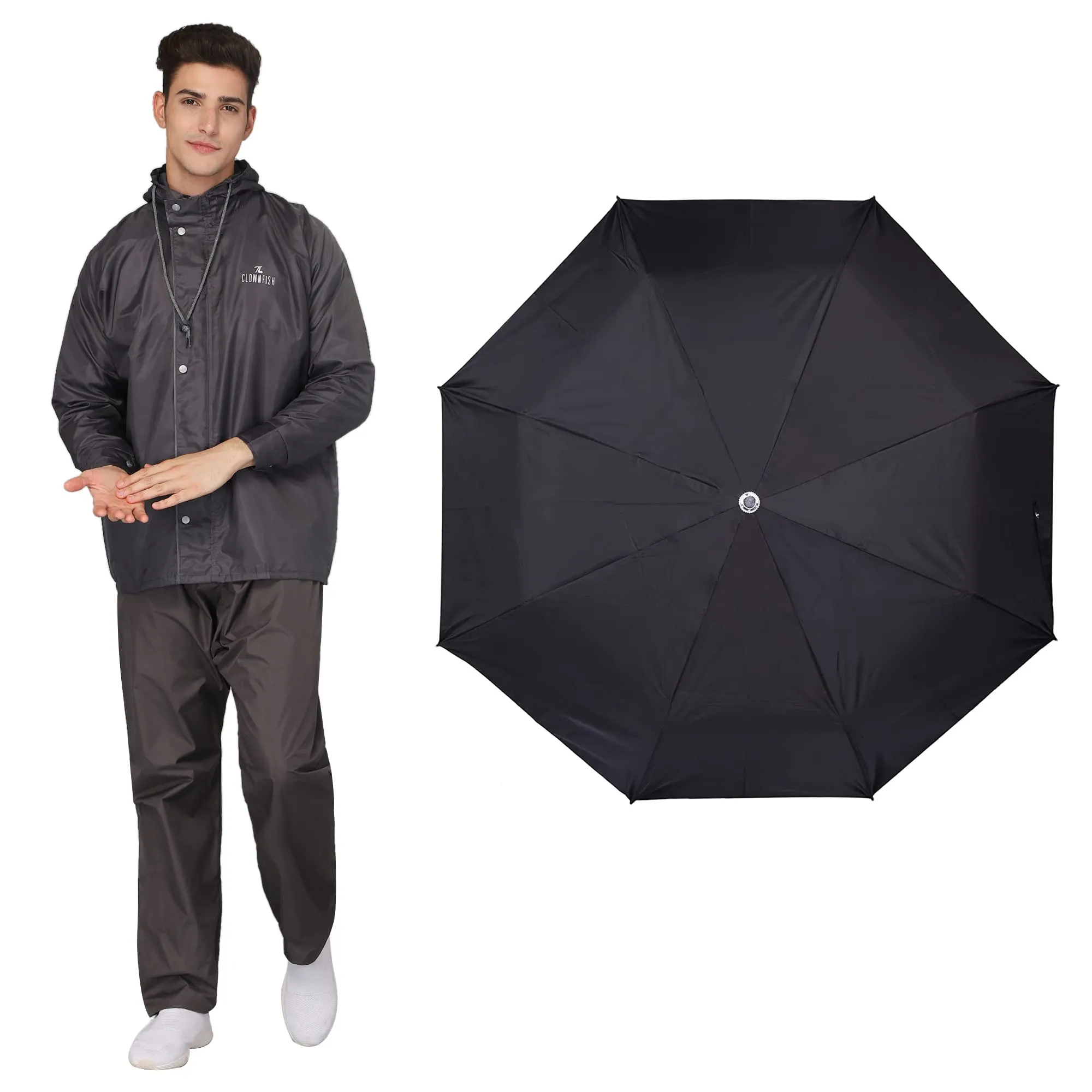 THE CLOWNFISH Combo Of Rain Coat for Men Waterproof Polyester (Grey 4XL) Umbrella Savior Series 3 Fold Waterproof Polyester (Black)