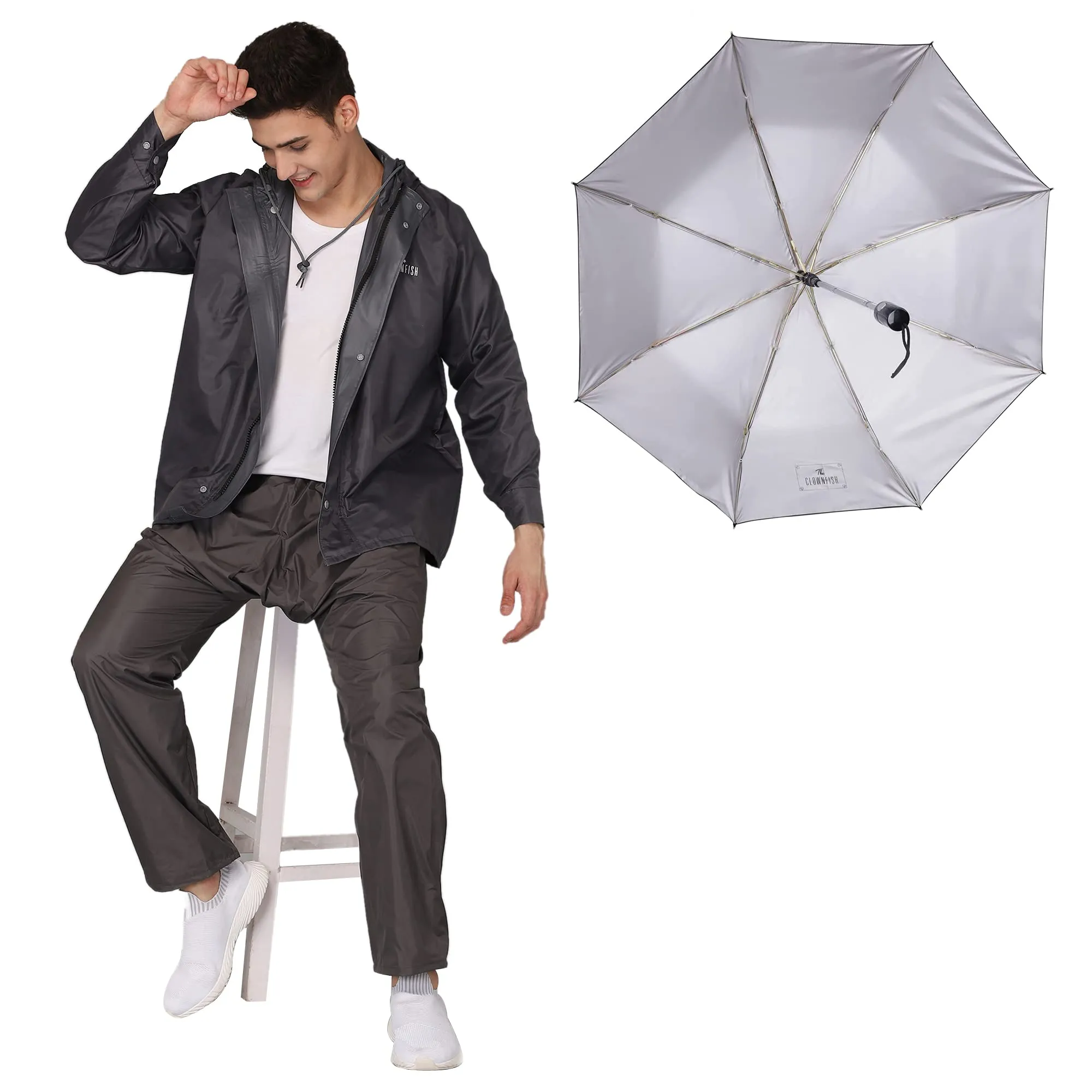 THE CLOWNFISH Combo Of Rain Coat for Men Waterproof Polyester (Grey 4XL) Umbrella Savior Series 3 Fold Waterproof Polyester (Black)