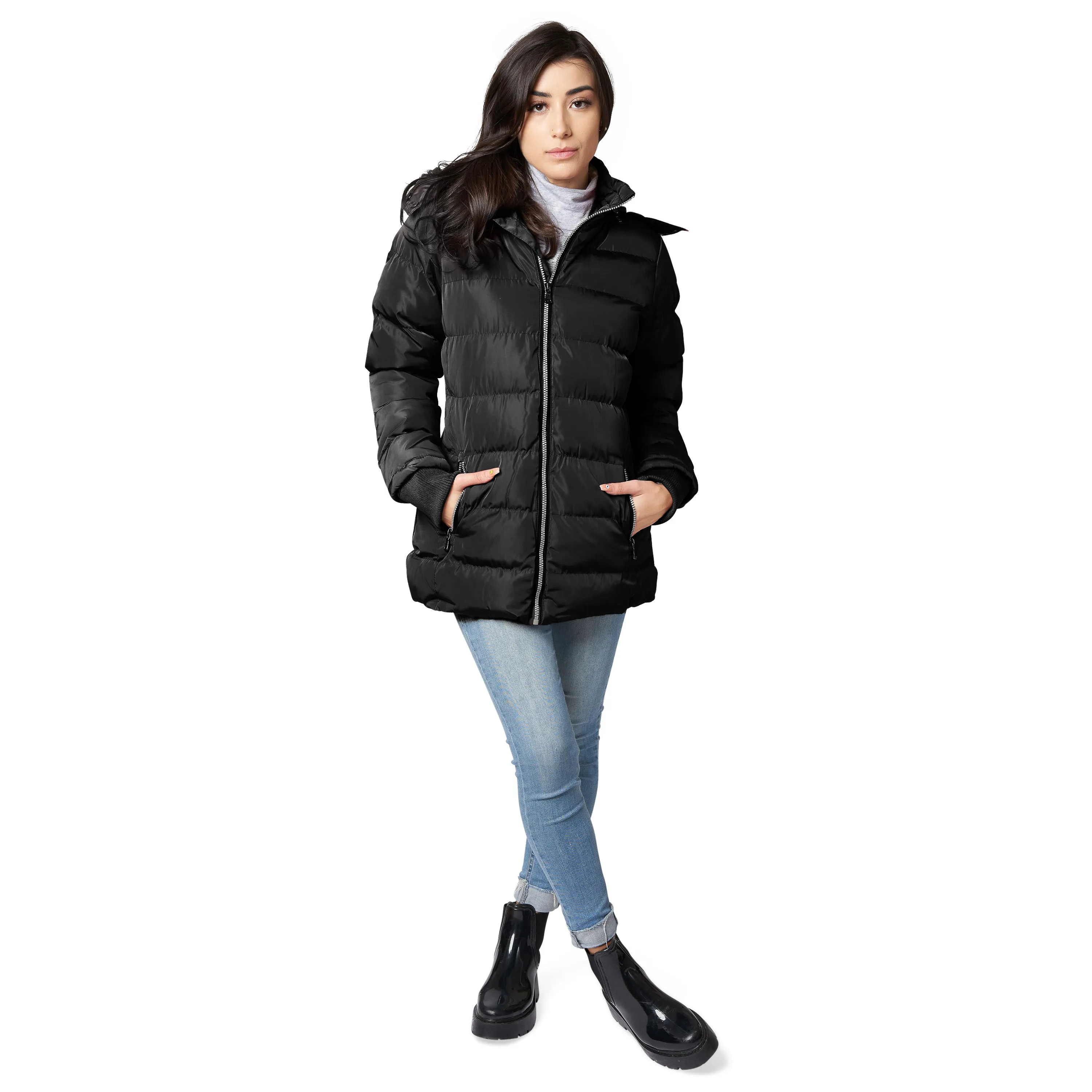 THE WHOLE SHEBANG Women Coat Vegan Down Puffer with Faux-Fur Detachable Hood