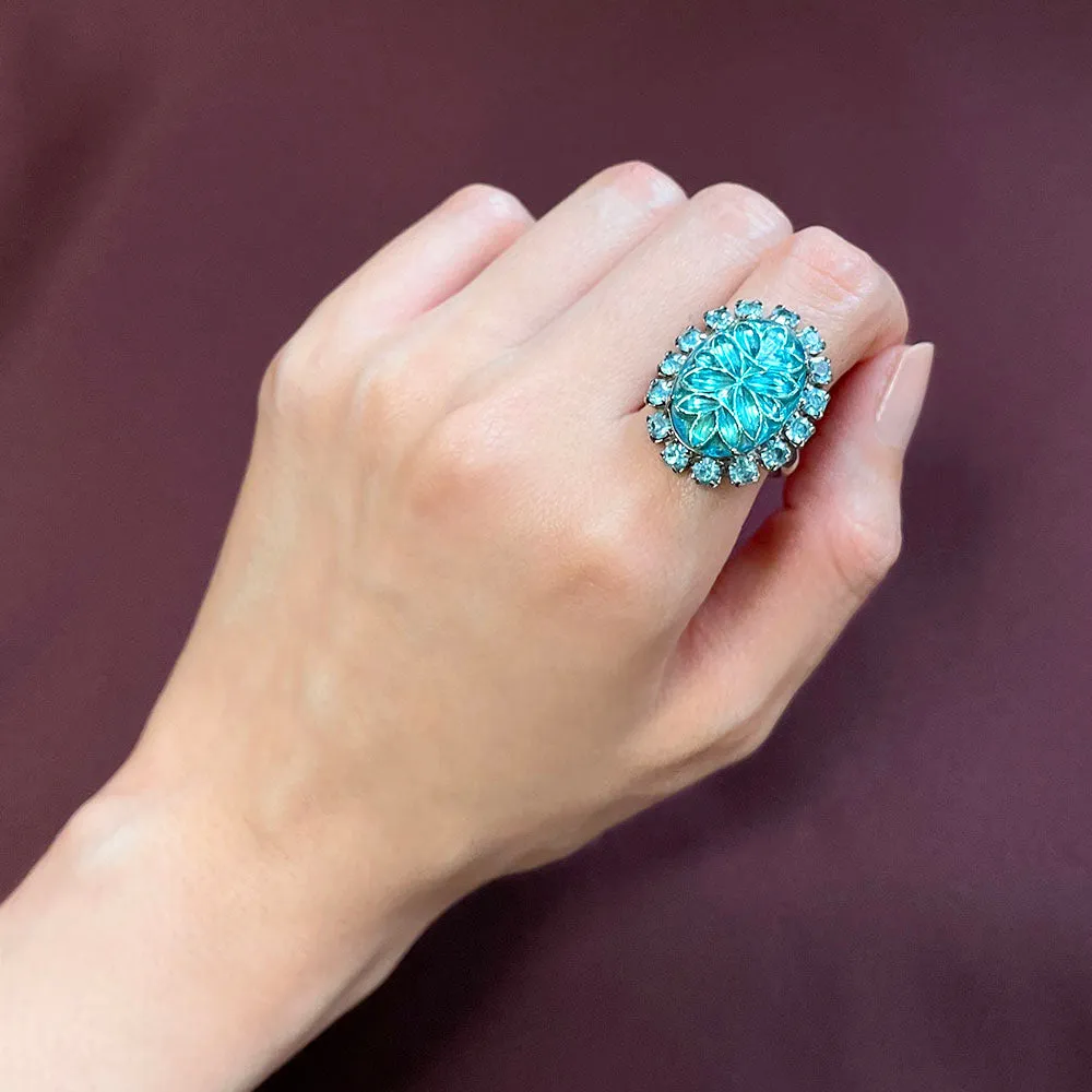 【USA輸入】ヴィンテージ アクアブルー カボションガラス ビジュー リング/Vintage Aqua Blue Cabochon Bijou Ring