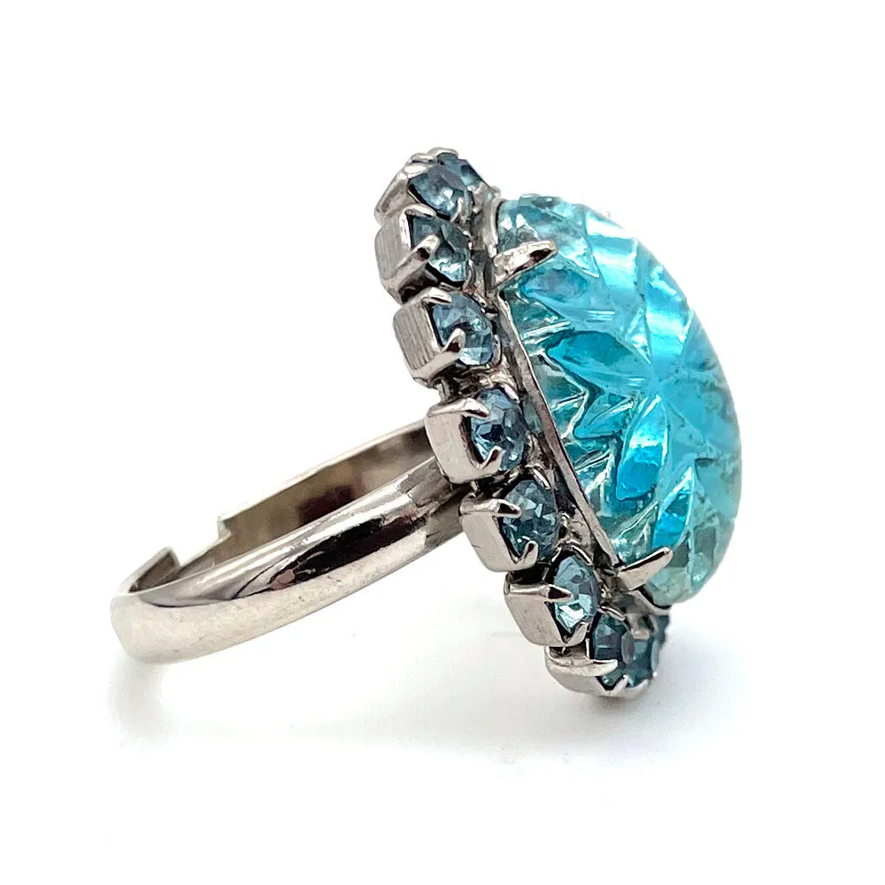 【USA輸入】ヴィンテージ アクアブルー カボションガラス ビジュー リング/Vintage Aqua Blue Cabochon Bijou Ring