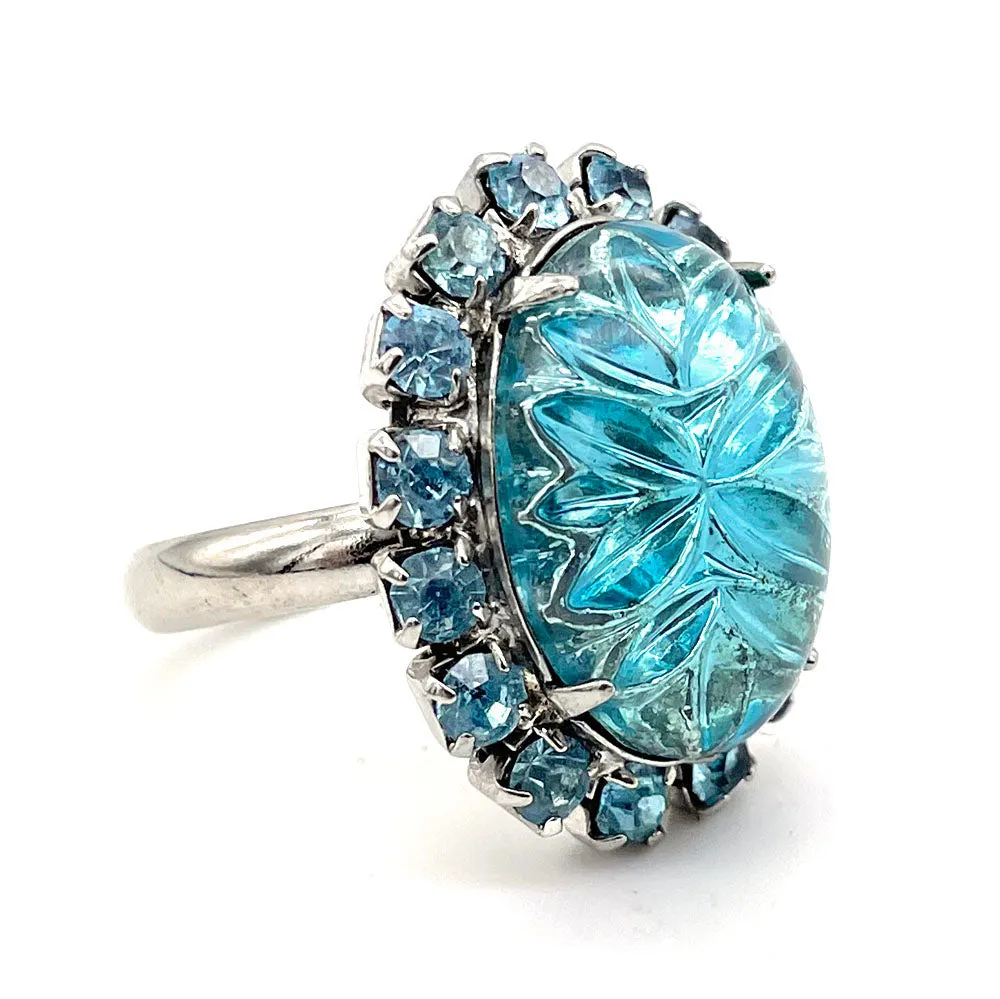 【USA輸入】ヴィンテージ アクアブルー カボションガラス ビジュー リング/Vintage Aqua Blue Cabochon Bijou Ring