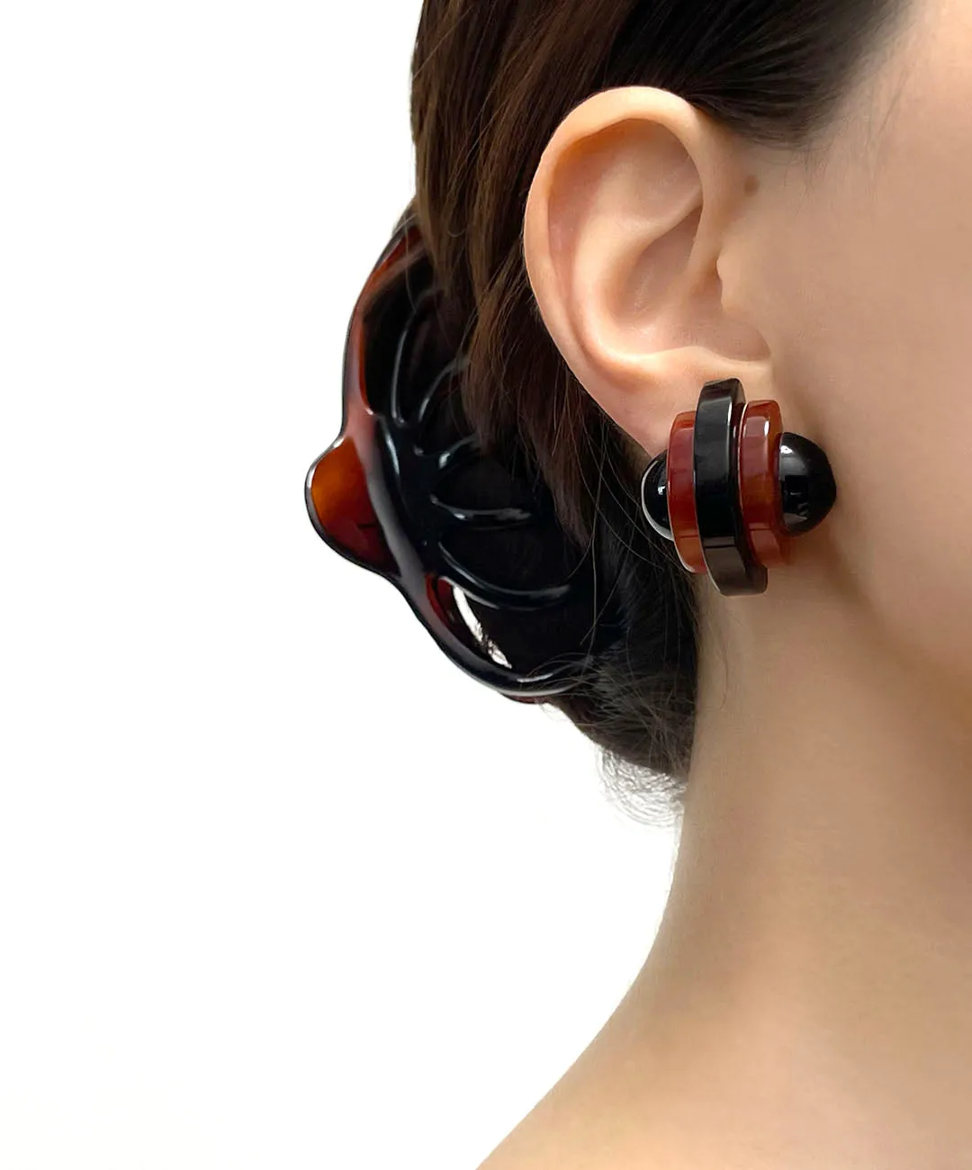 【USA輸入】ヴィンテージ アールデコ ブラック ダークレッド イヤリング/Vintage Art Deco Black Dark Red Clip On Earrings