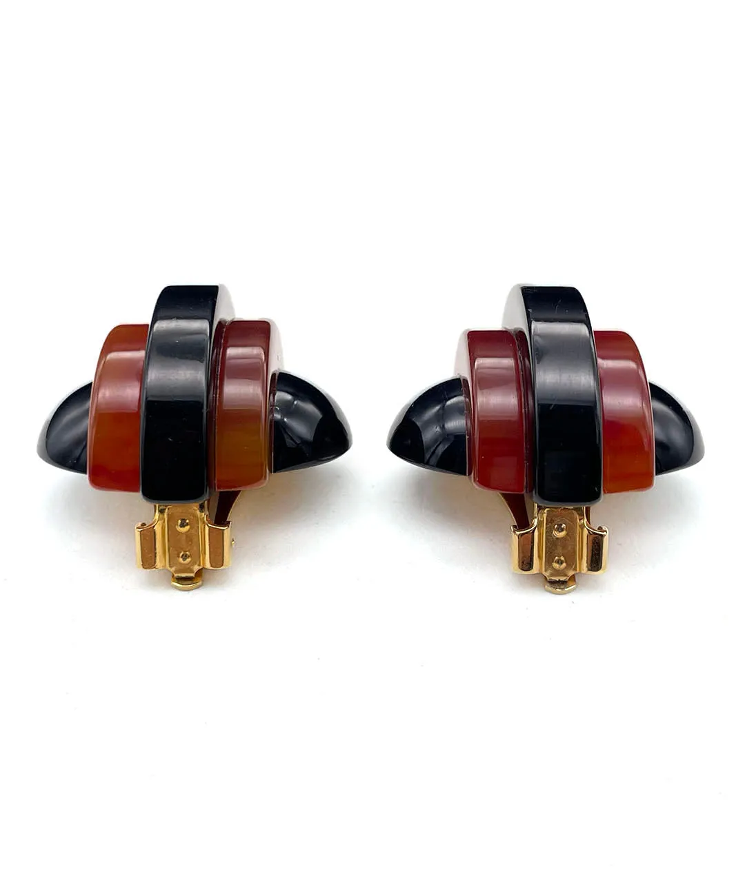 【USA輸入】ヴィンテージ アールデコ ブラック ダークレッド イヤリング/Vintage Art Deco Black Dark Red Clip On Earrings