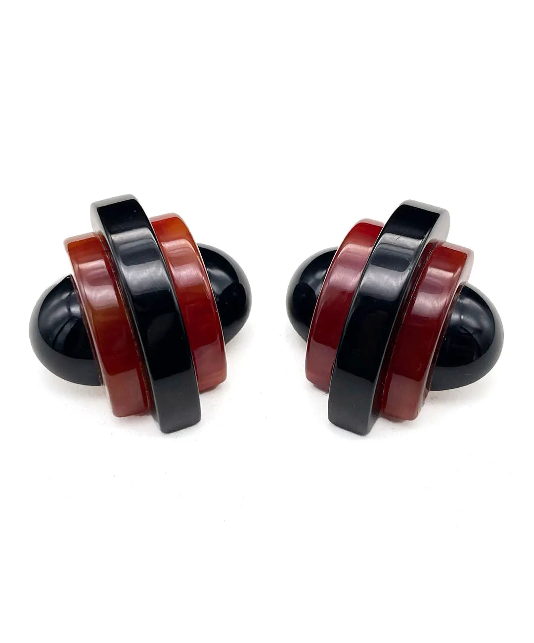 【USA輸入】ヴィンテージ アールデコ ブラック ダークレッド イヤリング/Vintage Art Deco Black Dark Red Clip On Earrings