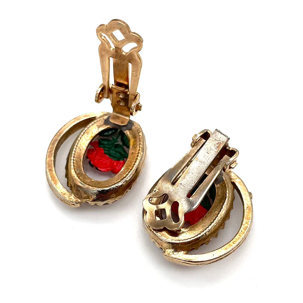 【USA輸入】ヴィンテージ インタリオ ガラス ローズ イヤリング/Vintage Reverse Carved Rose Clip On Earrings