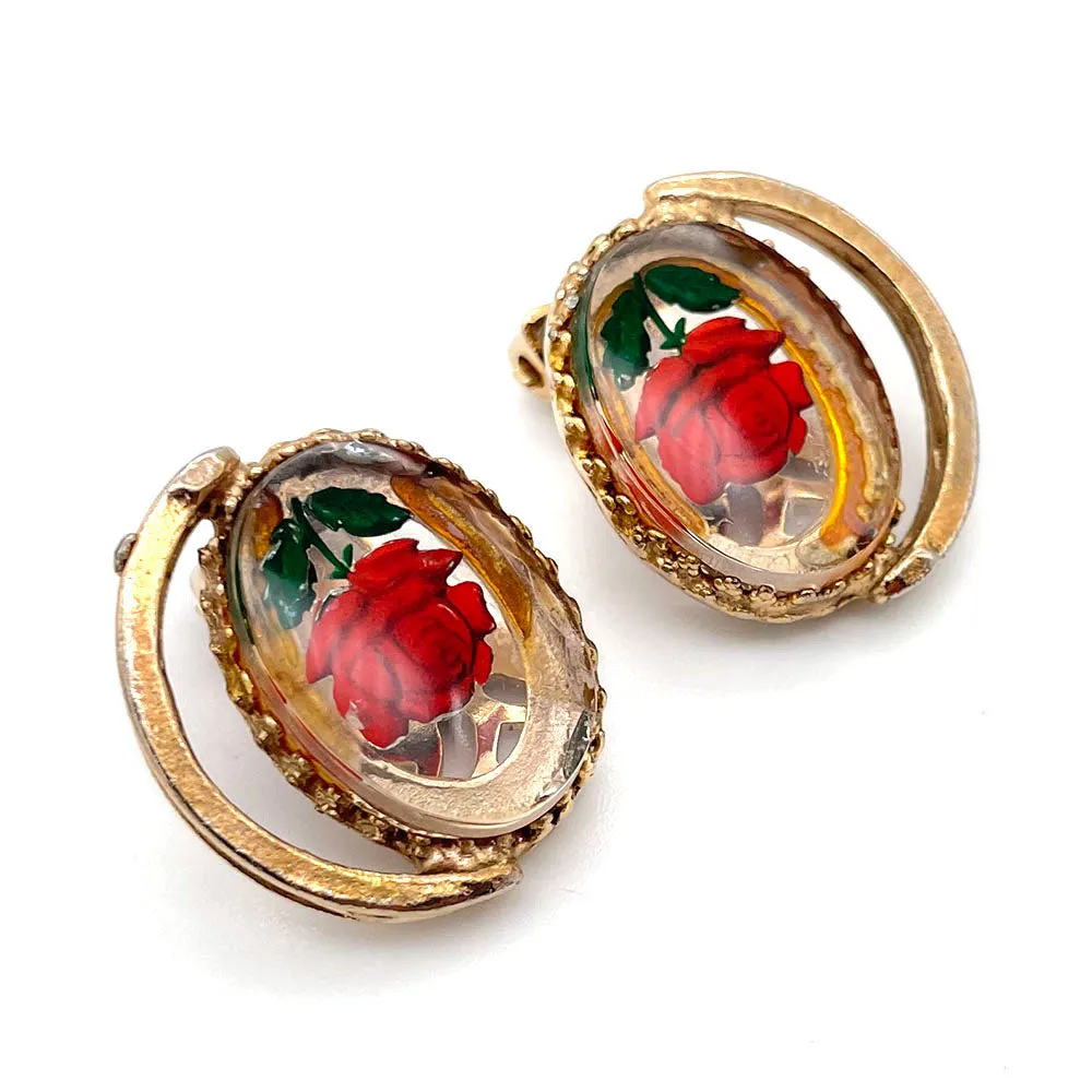 【USA輸入】ヴィンテージ インタリオ ガラス ローズ イヤリング/Vintage Reverse Carved Rose Clip On Earrings