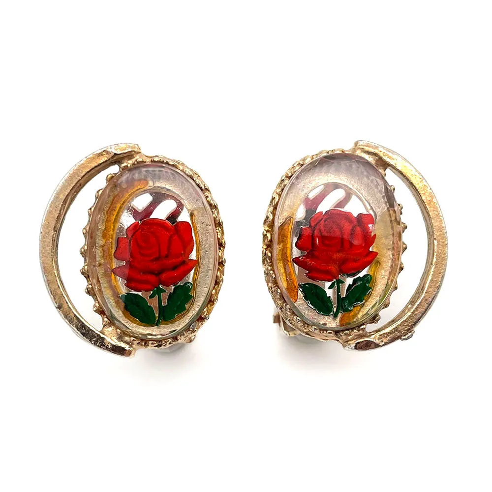 【USA輸入】ヴィンテージ インタリオ ガラス ローズ イヤリング/Vintage Reverse Carved Rose Clip On Earrings