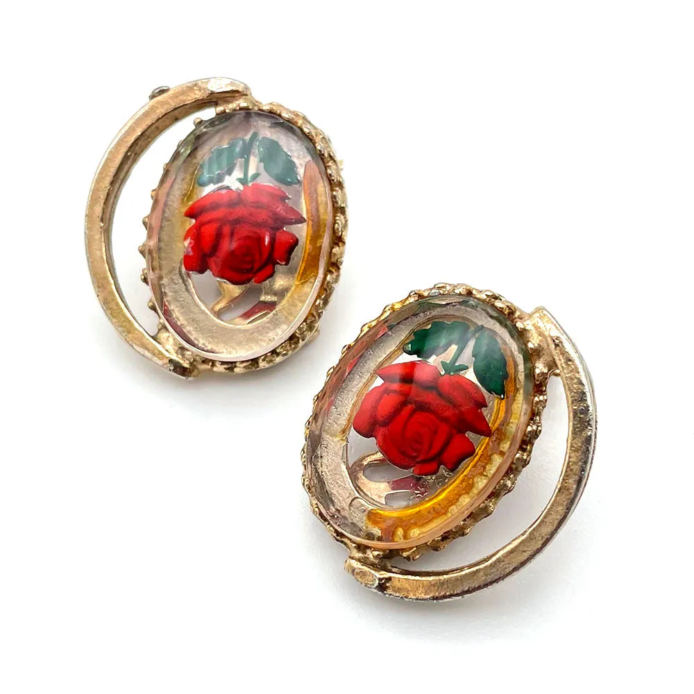 【USA輸入】ヴィンテージ インタリオ ガラス ローズ イヤリング/Vintage Reverse Carved Rose Clip On Earrings