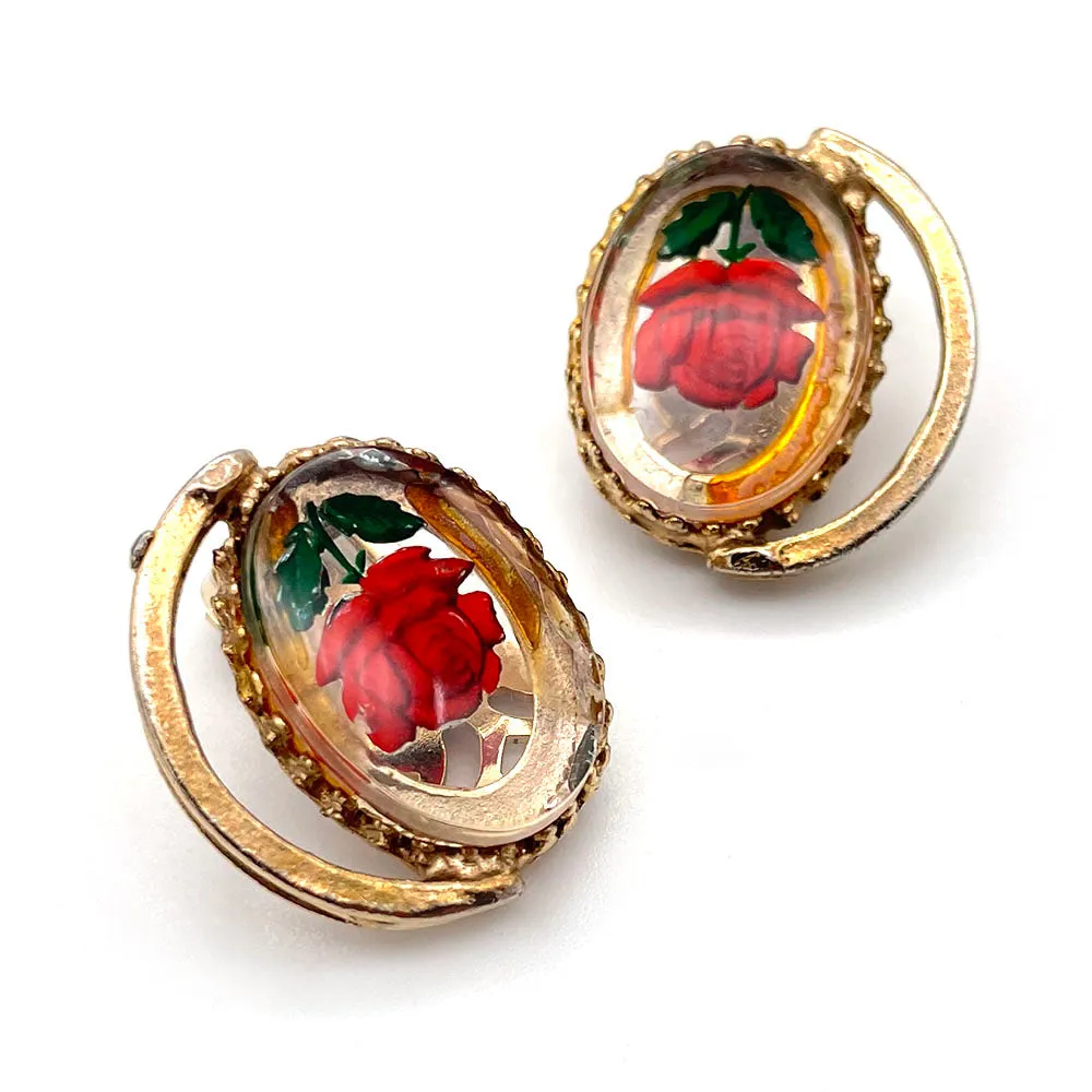 【USA輸入】ヴィンテージ インタリオ ガラス ローズ イヤリング/Vintage Reverse Carved Rose Clip On Earrings