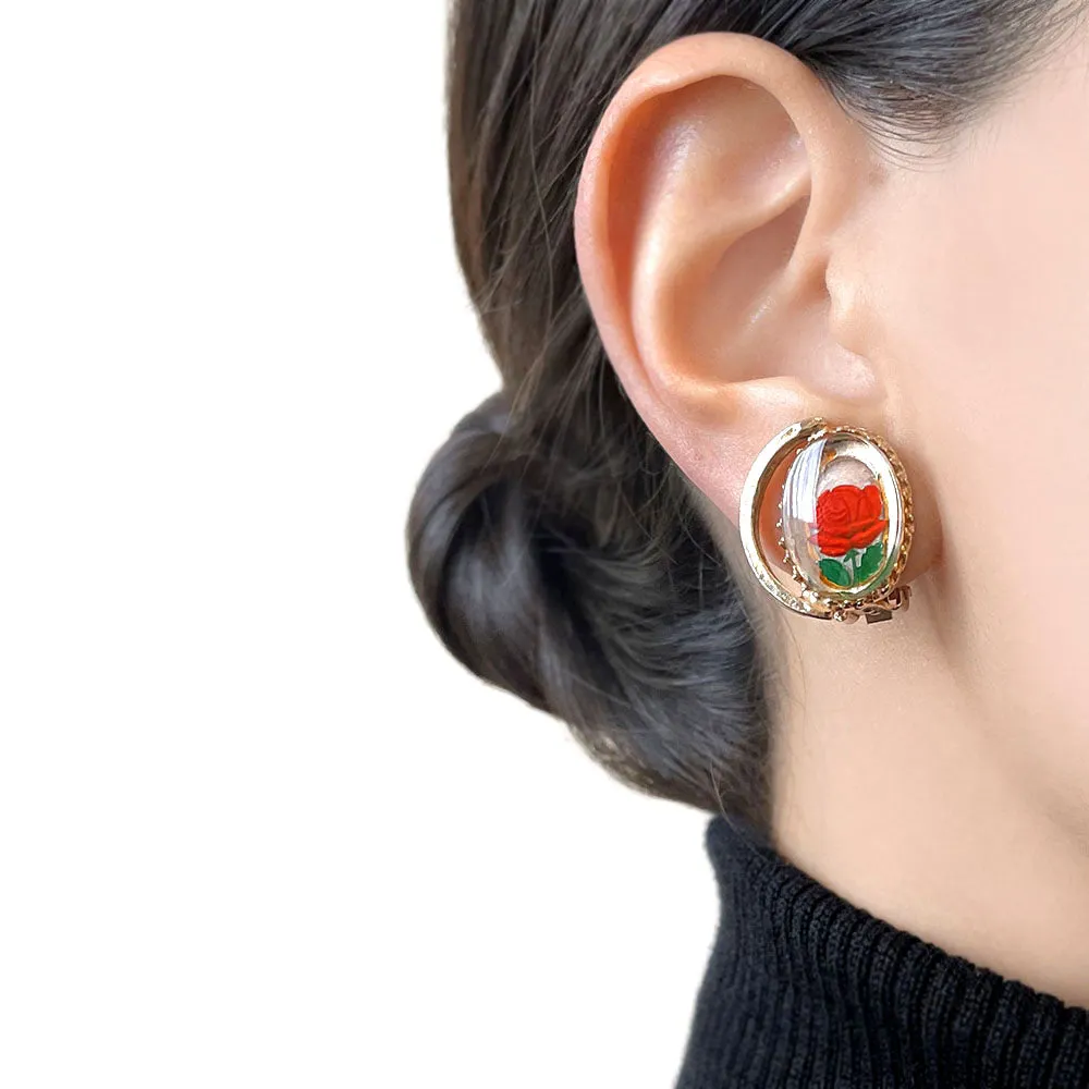 【USA輸入】ヴィンテージ インタリオ ガラス ローズ イヤリング/Vintage Reverse Carved Rose Clip On Earrings