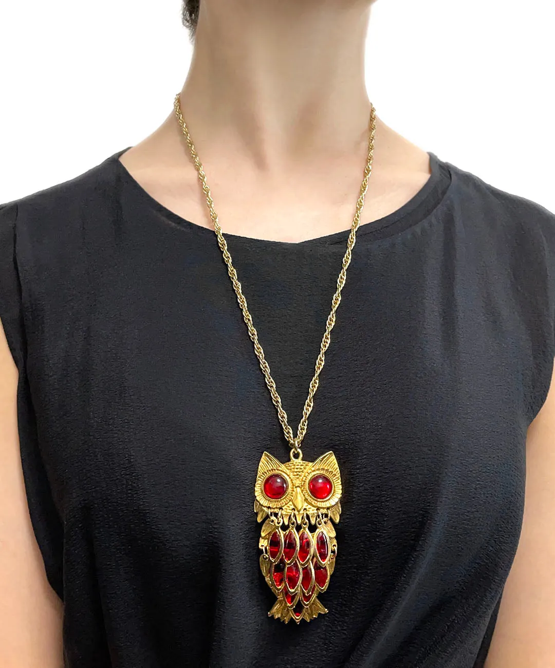 【USA輸入】ヴィンテージ ミミズク レッド カボション ネックレス/Vintage Owl Red Cabochon Necklace