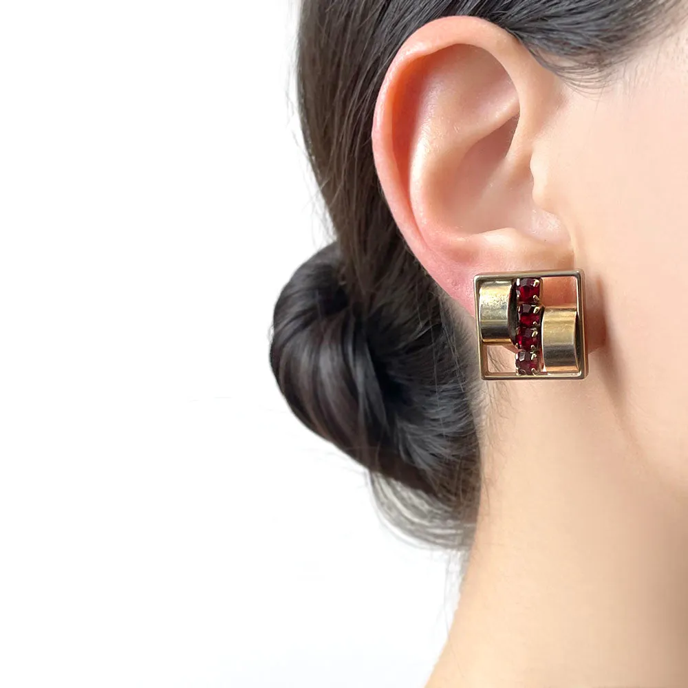 【USA輸入】ヴィンテージ レッド ビジュー スクエア イヤリング/Vintage Red Bijou Square Clip On Earrings