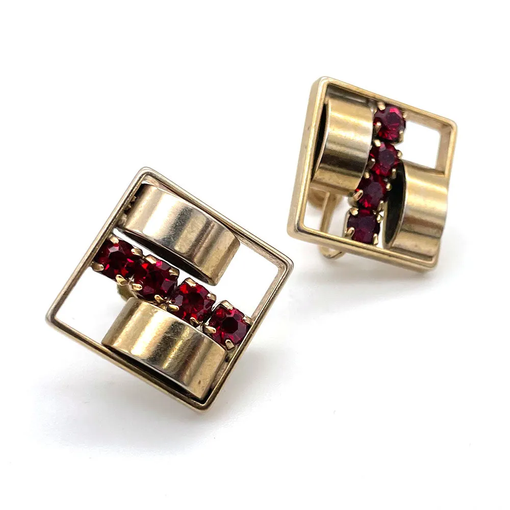 【USA輸入】ヴィンテージ レッド ビジュー スクエア イヤリング/Vintage Red Bijou Square Clip On Earrings