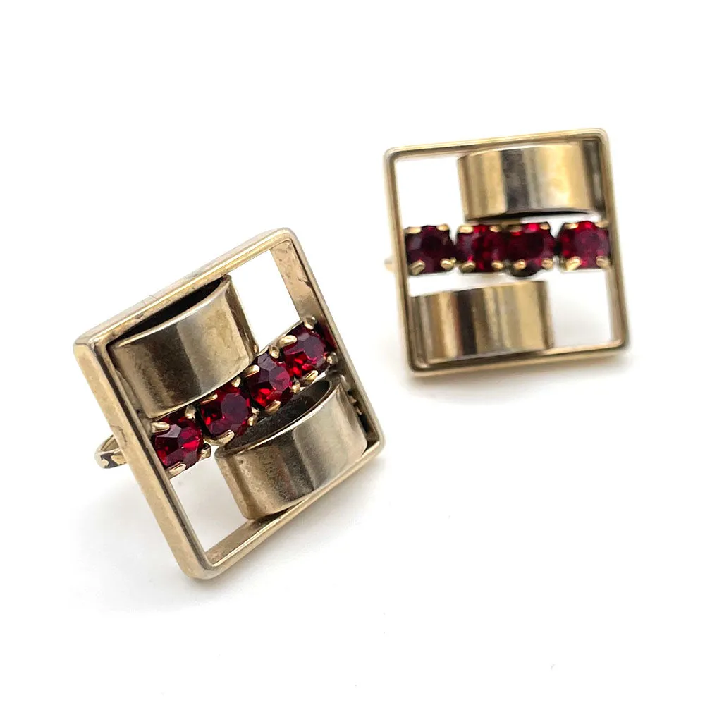 【USA輸入】ヴィンテージ レッド ビジュー スクエア イヤリング/Vintage Red Bijou Square Clip On Earrings