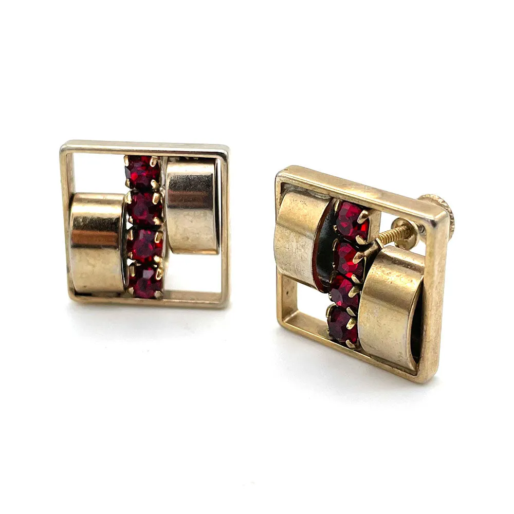 【USA輸入】ヴィンテージ レッド ビジュー スクエア イヤリング/Vintage Red Bijou Square Clip On Earrings