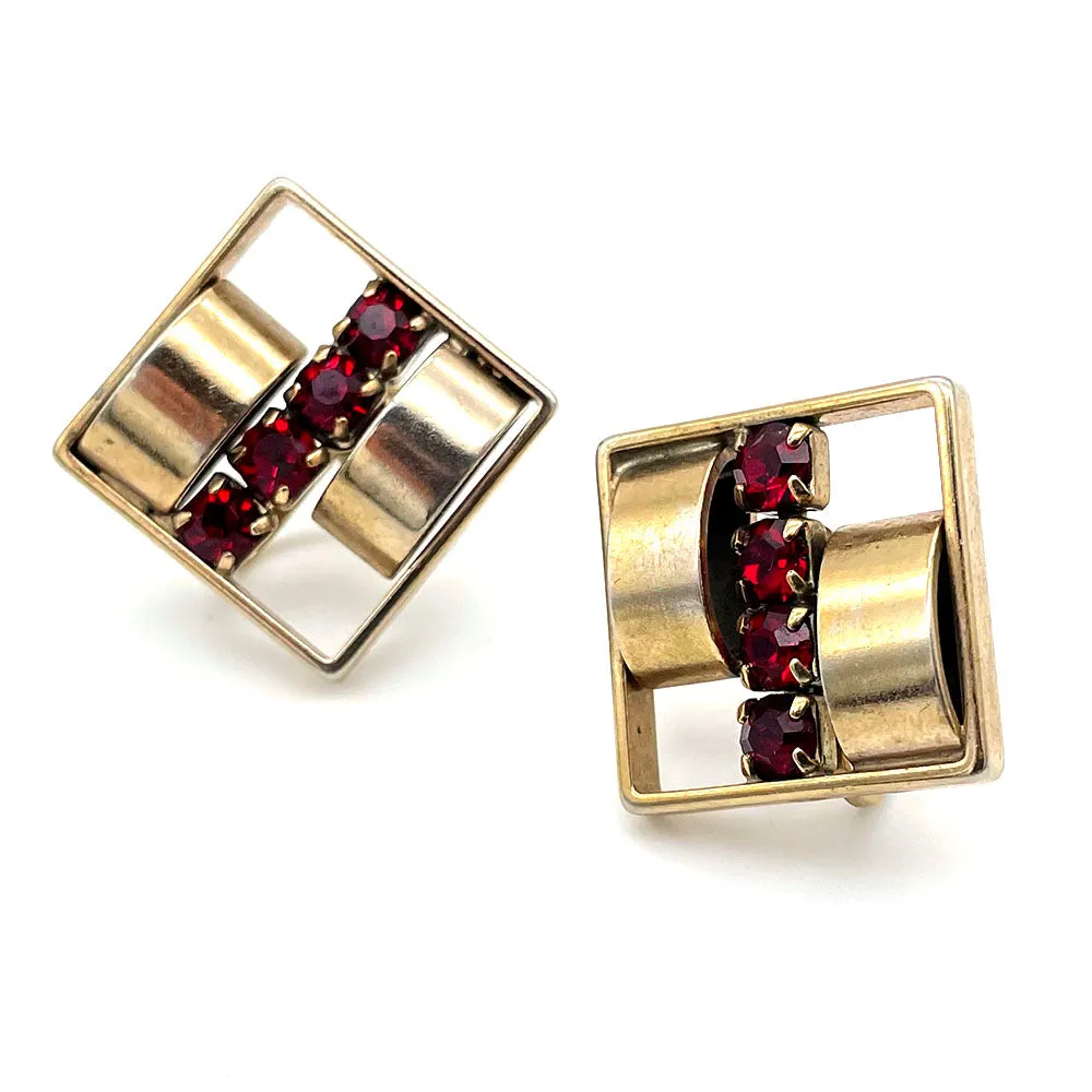 【USA輸入】ヴィンテージ レッド ビジュー スクエア イヤリング/Vintage Red Bijou Square Clip On Earrings