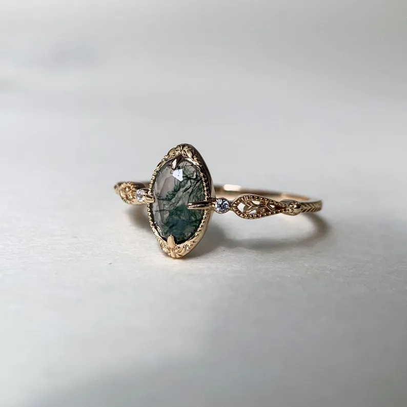 Vintage Moss Agate Engagement Ring Gold Oval Green Gemstone Promise Rings Jewelry Gift for Women