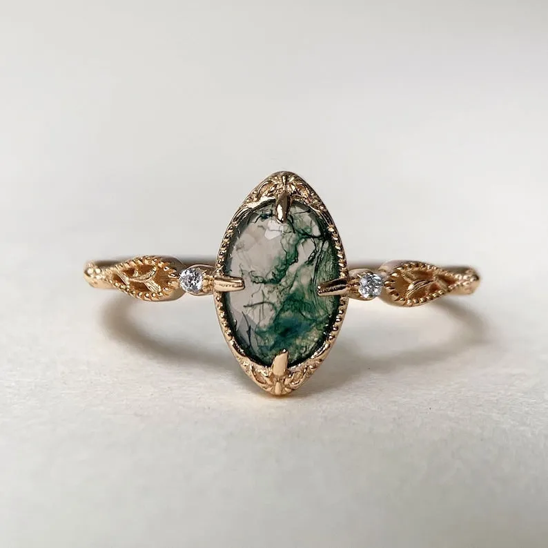 Vintage Moss Agate Engagement Ring Gold Oval Green Gemstone Promise Rings Jewelry Gift for Women