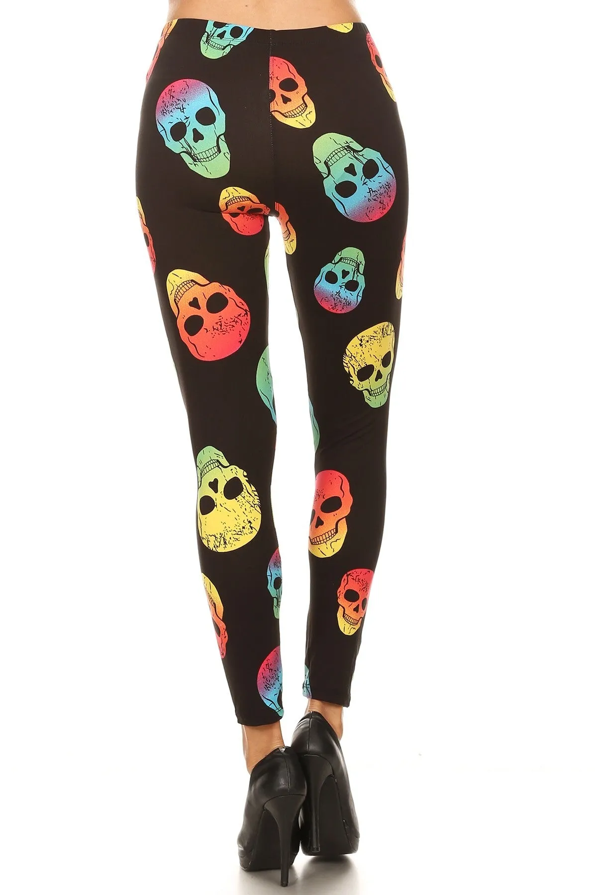 Women's Plus Colorful Skull Pattern Printed Leggings - Red Yellow