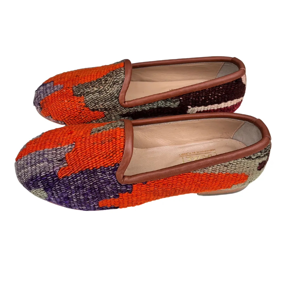 Women's Turkish Kilim Loafer | Orange with Purple & Tan