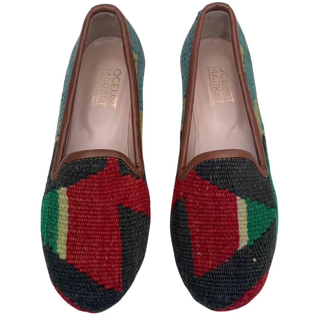 Women's Turkish Kilim Loafers Red & Black with Green