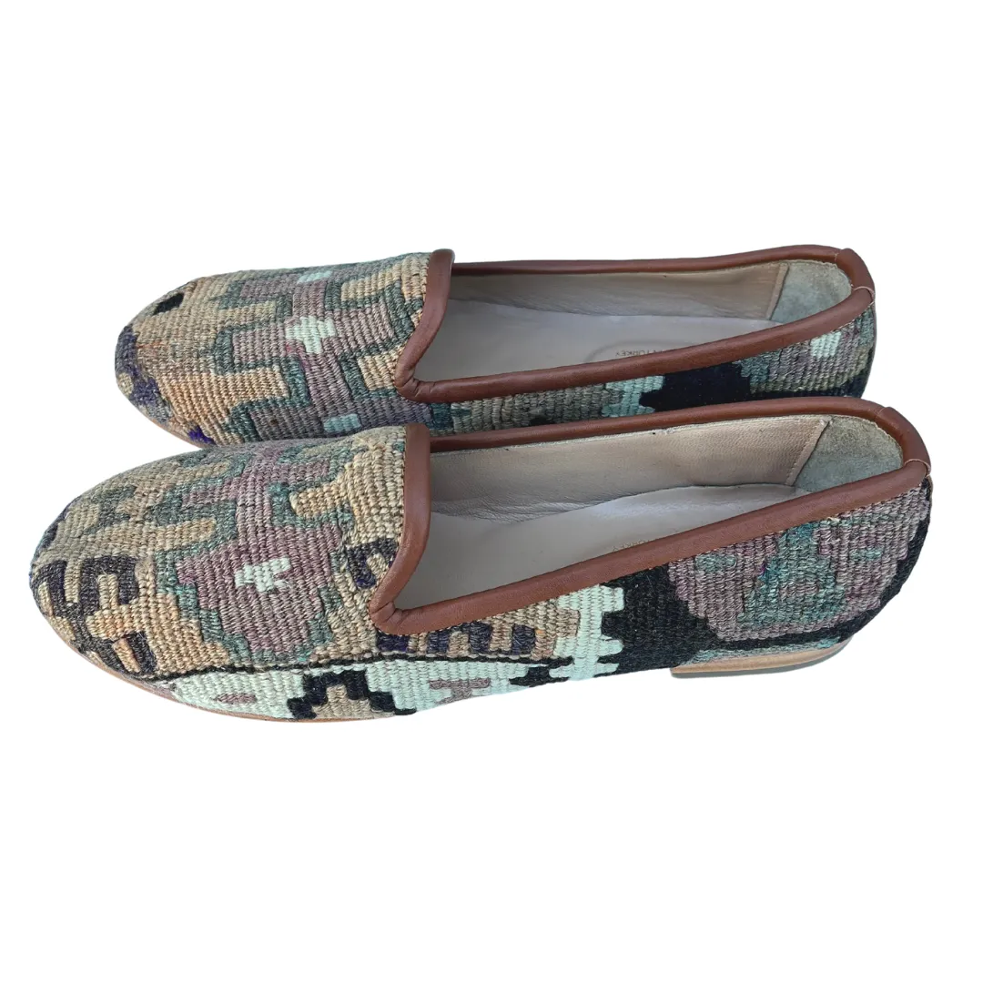 Women's Turkish Kilim Loafers | Tan & Grey