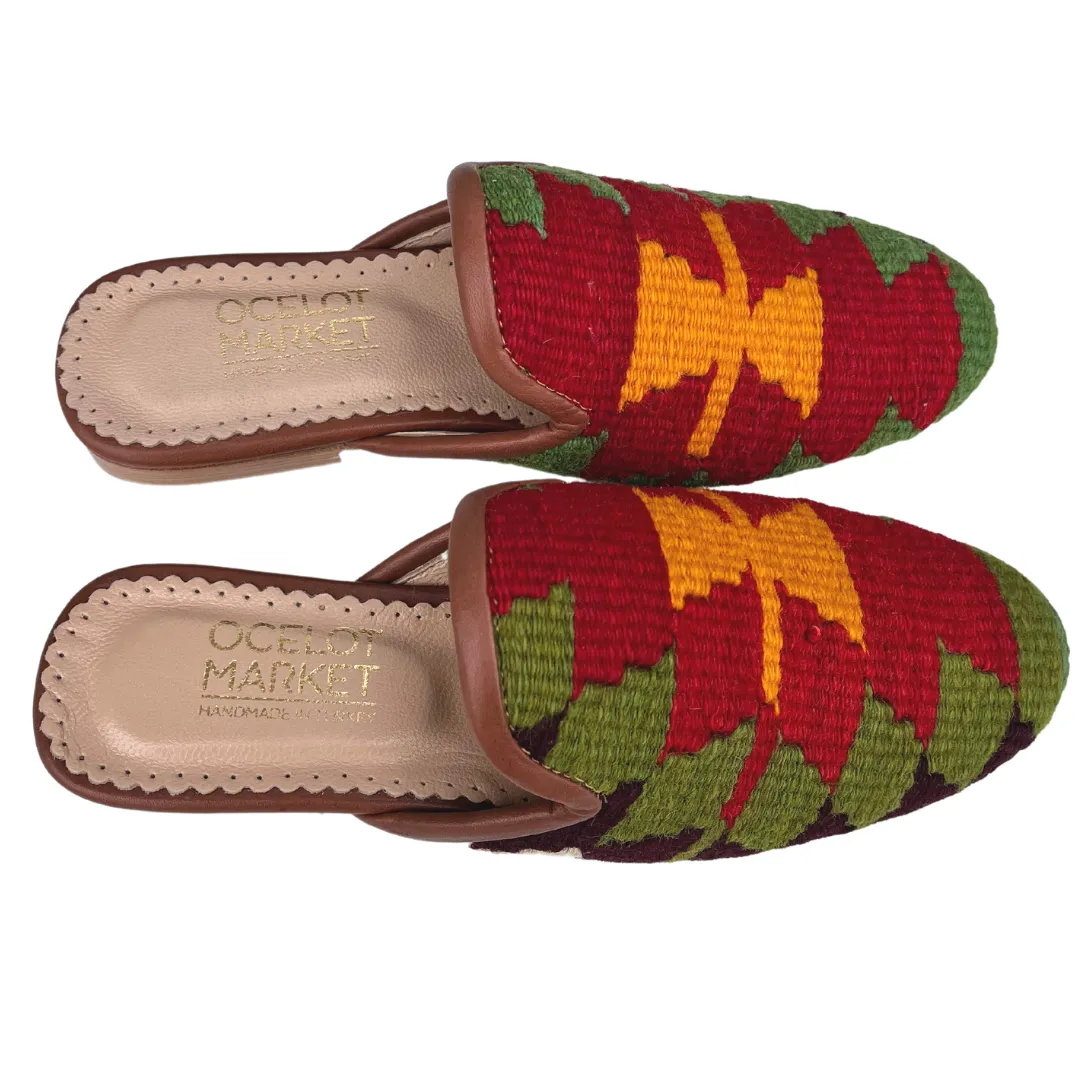 Women's Turkish Kilim Mule Green & Red with Orange