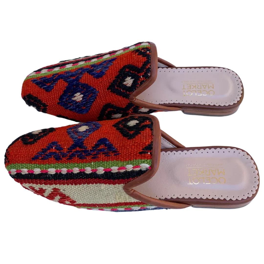 Women's Turkish Kilim Mules | Orange with Pattern