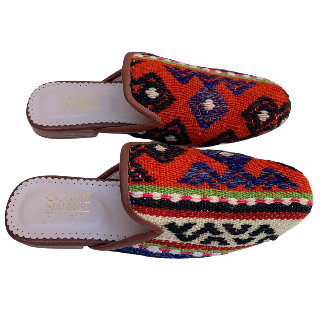 Women's Turkish Kilim Mules | Orange with Pattern