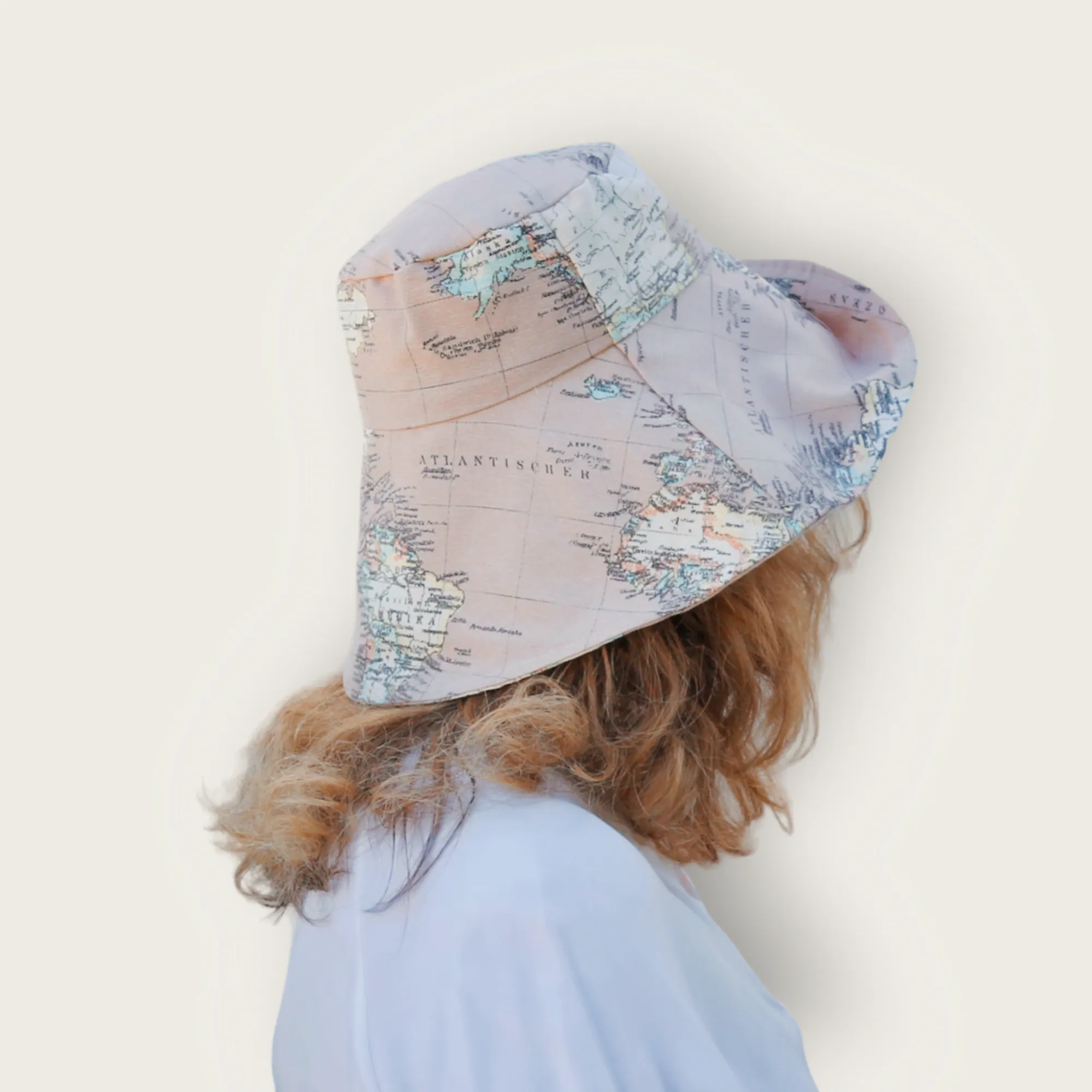 World Map Print Wide Brim Hat - Pink