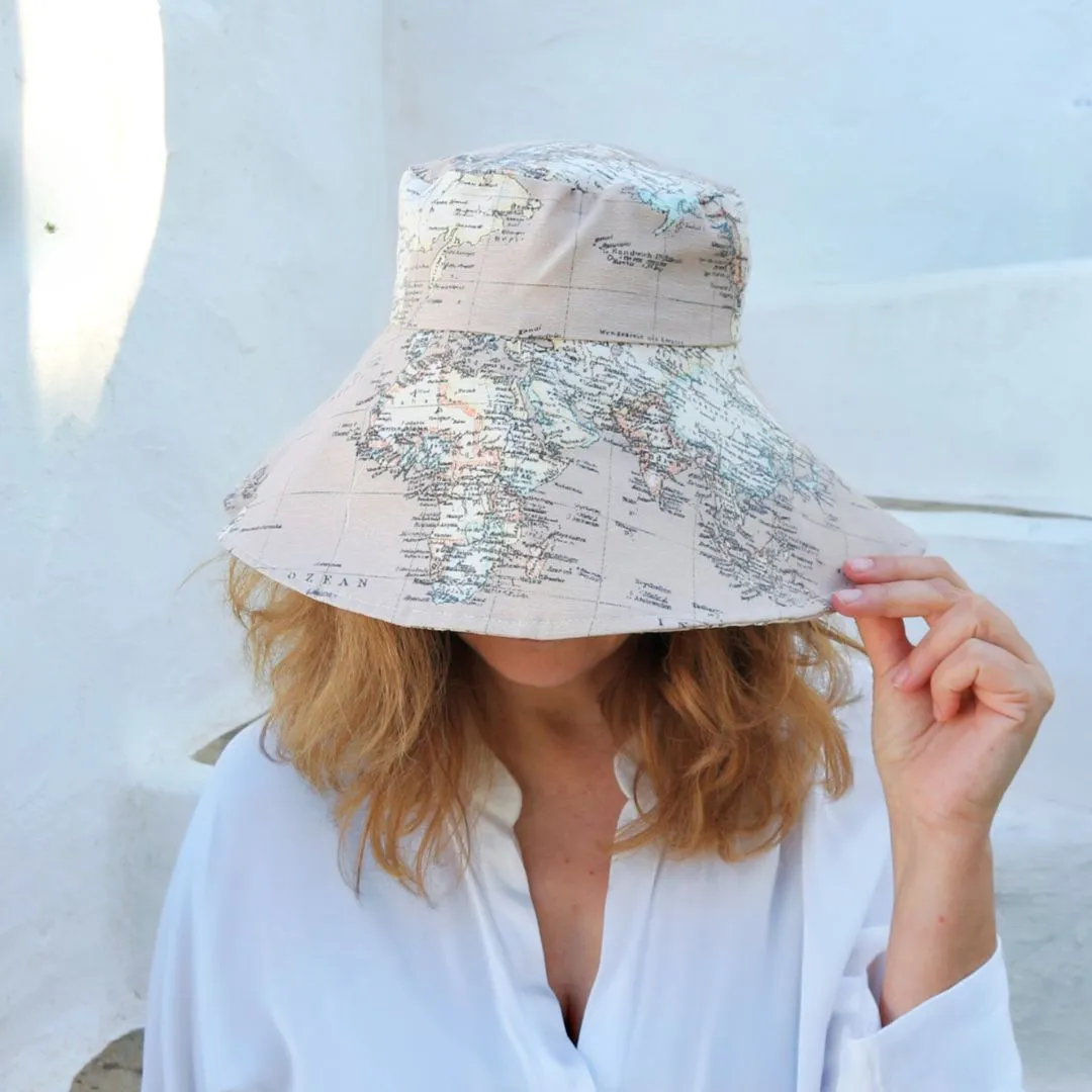 World Map Print Wide Brim Hat - Pink