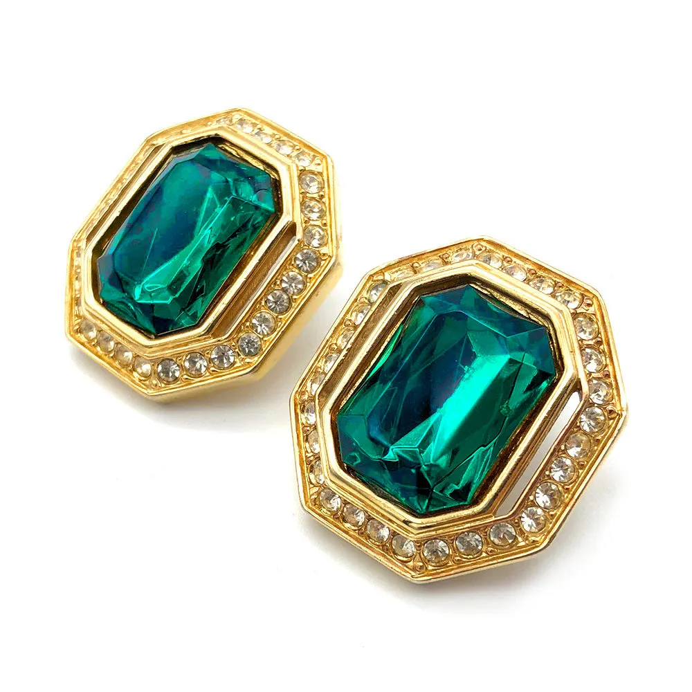 【カナダ輸入】ヴィンテージ エメラルドグリーン ラインストーン オクタゴン ピアス/Vintage Emerald Rhinestones Octagon Post Earrings